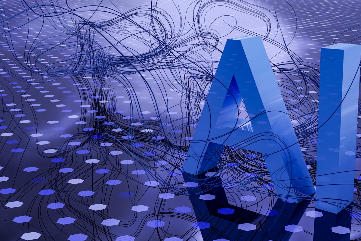 An abstract blue neural-network graphic representing artificial intelligence.